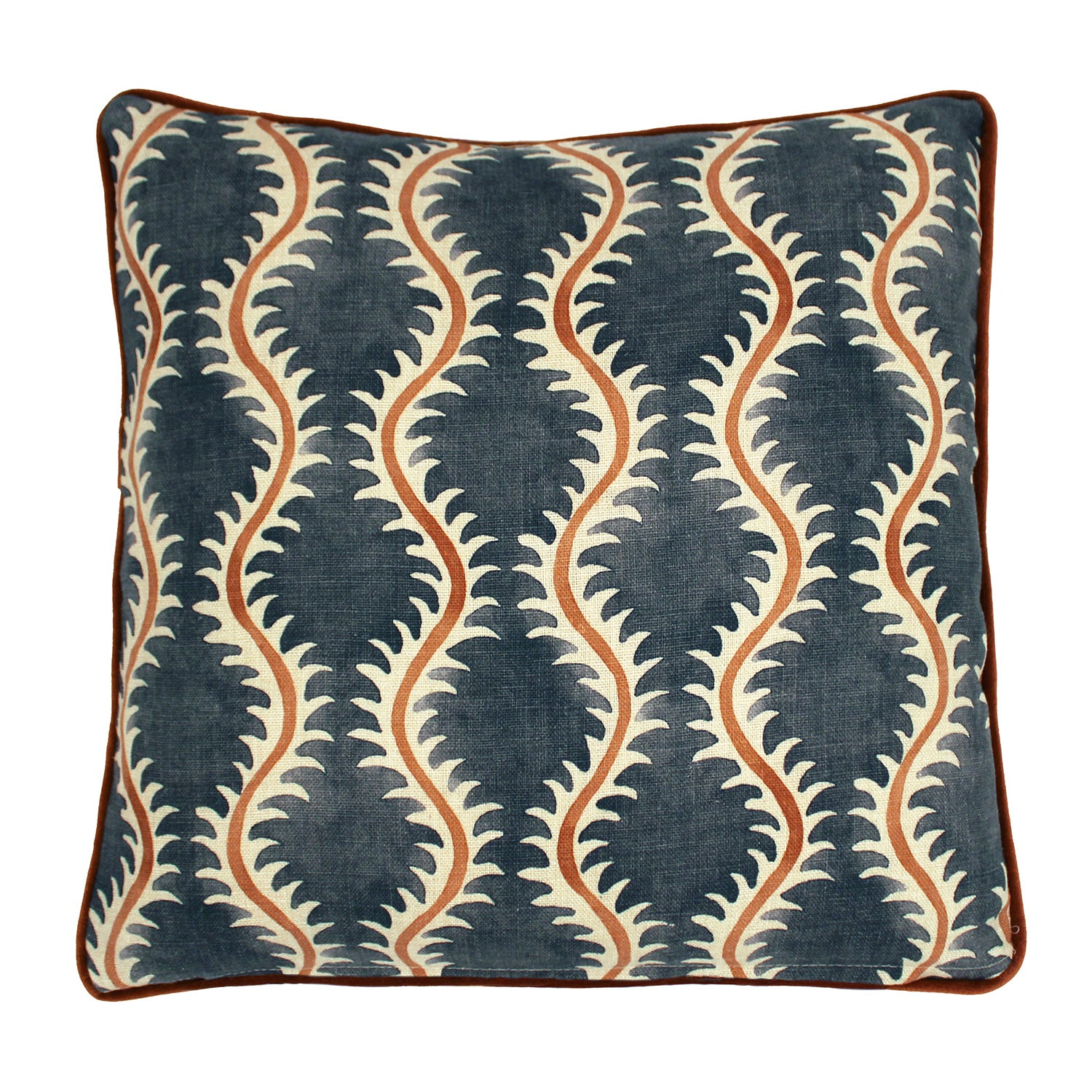 A blue, orange and cream linen cushion with a all-over repeat pattern and linen piping.