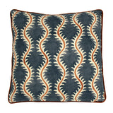 A blue, orange and cream linen cushion with a all-over repeat pattern and linen piping.