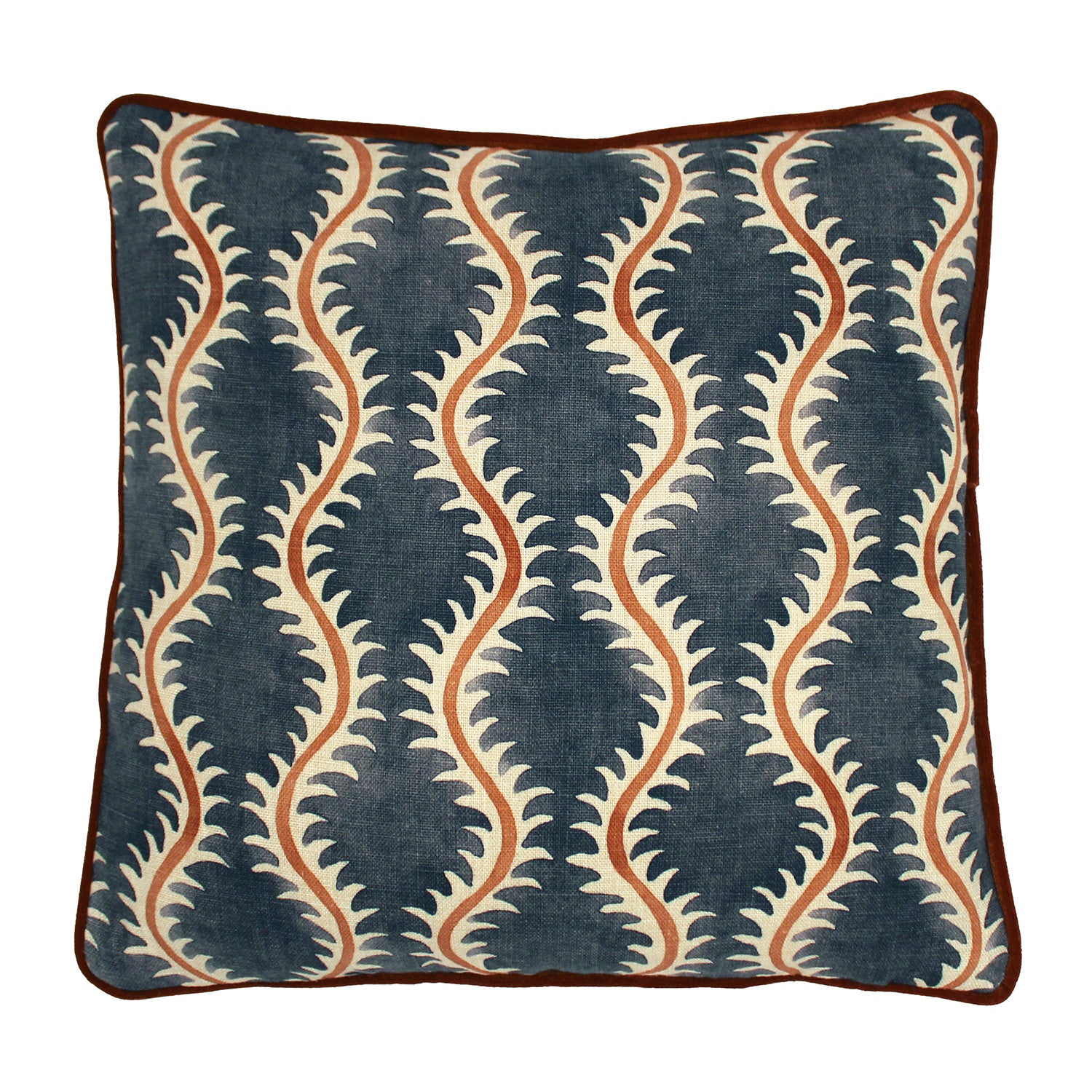 A blue, orange and cream linen cushion with a all-over repeat pattern and linen piping.