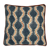 A blue, orange and cream linen cushion with a all-over repeat pattern and linen piping.