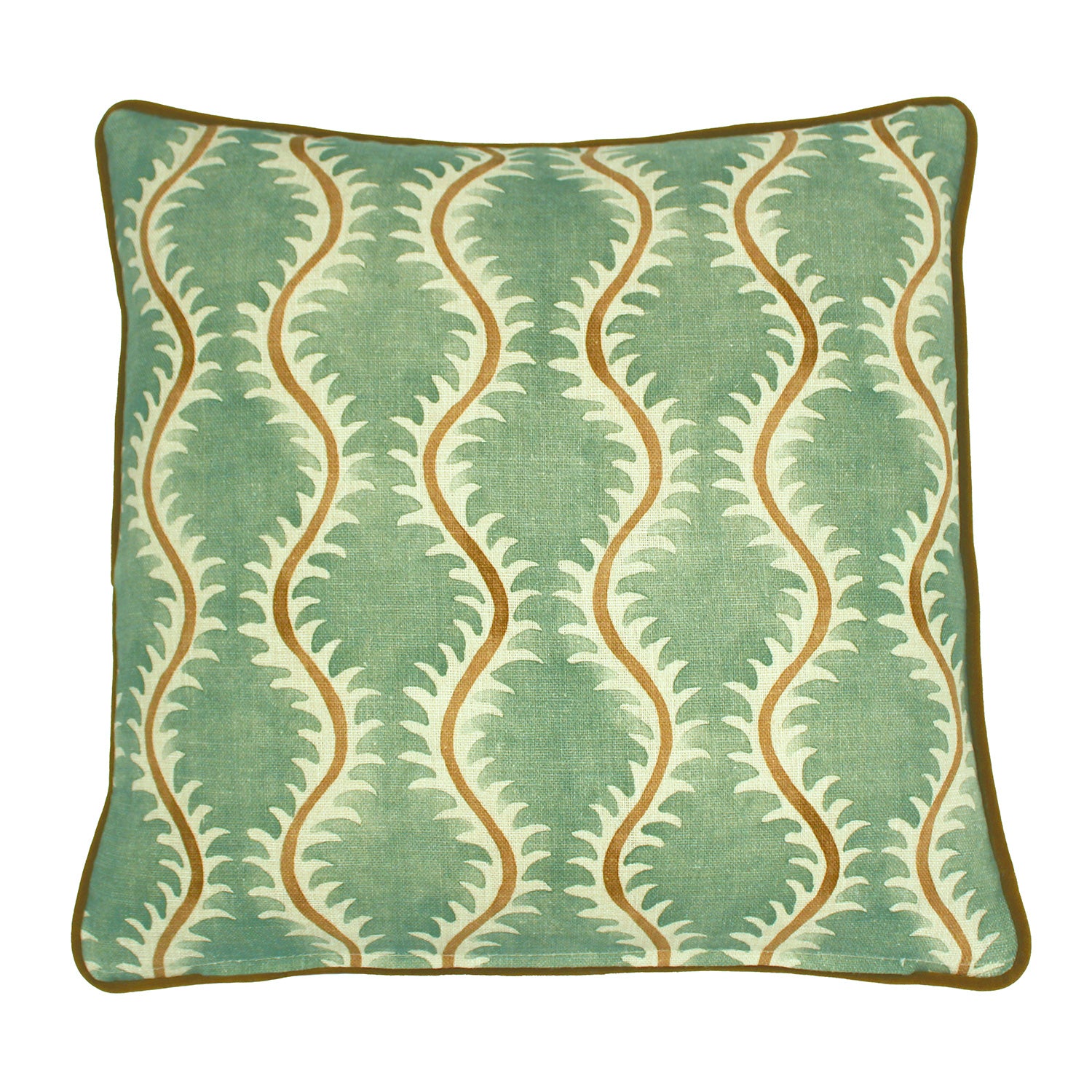 A green, brown and cream linen cushion with a all-over repeat pattern and velvet piping.
