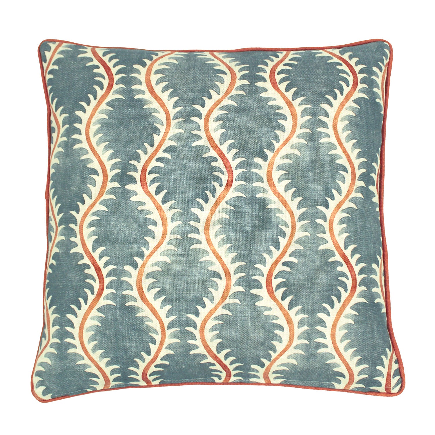 A blue, orange and cream linen cushion with a all-over repeat pattern and linen piping.