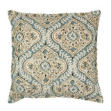 A blue, cream and brown linen cushion with a central motif pattern.