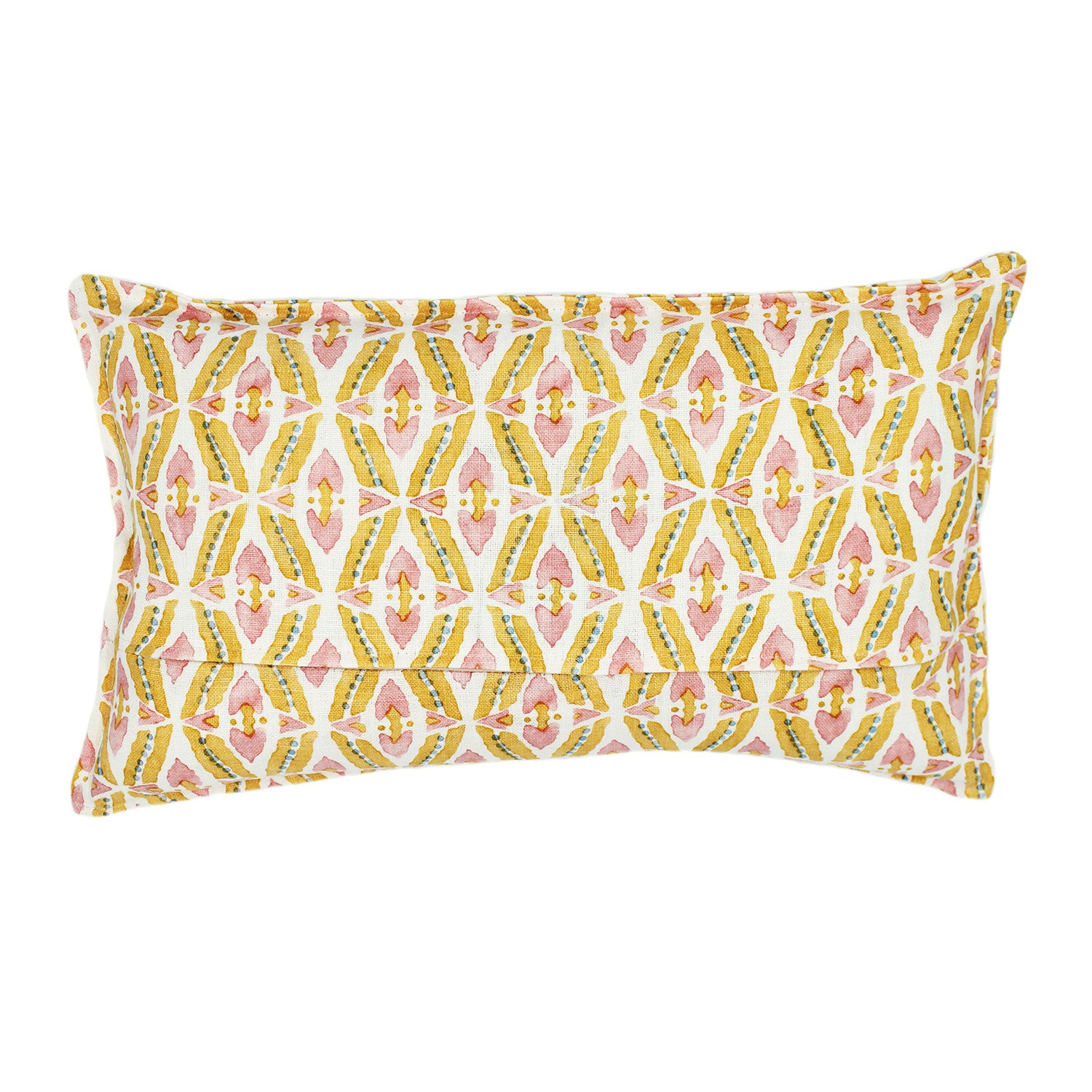 A multicoloured linen cushion with a geometric pattern.