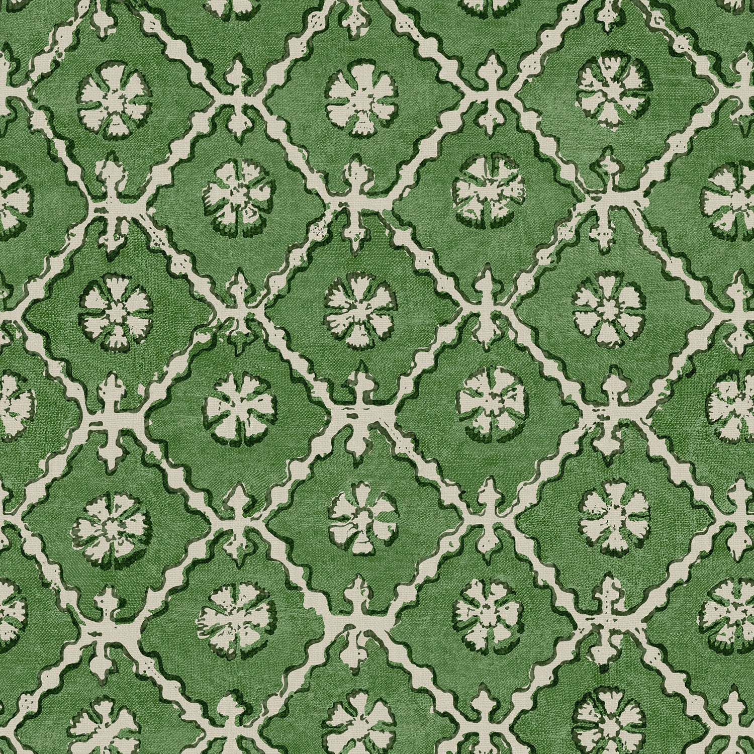 Linen fabric with a hand block-style pattern in green, black and cream