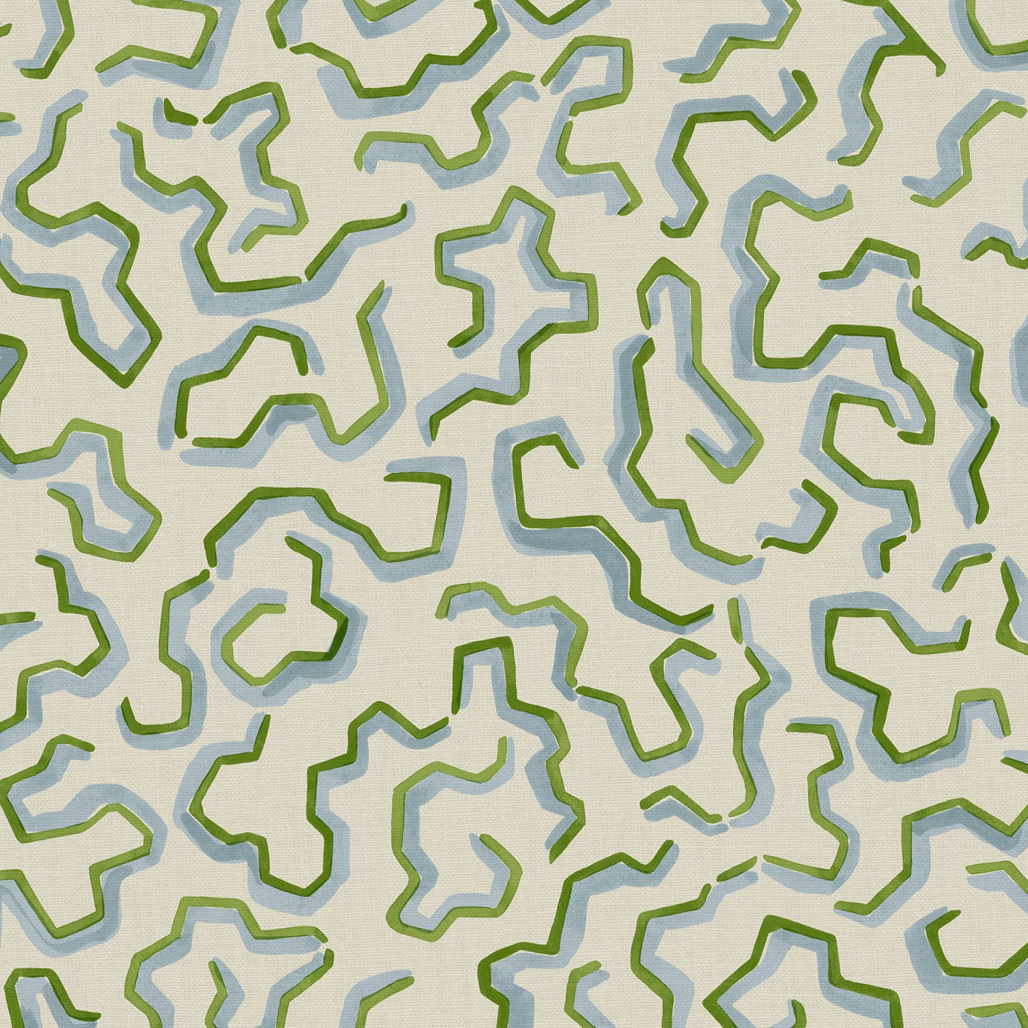 A printed linen fabric sample in blue, green, and off white featuring a feel of a classic animal print.