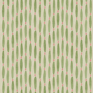 A printed linen fabric sample in green, pink, and off white featuring a Japanese print.