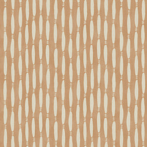 A printed linen fabric sample in orange and off white featuring a Japanese print.