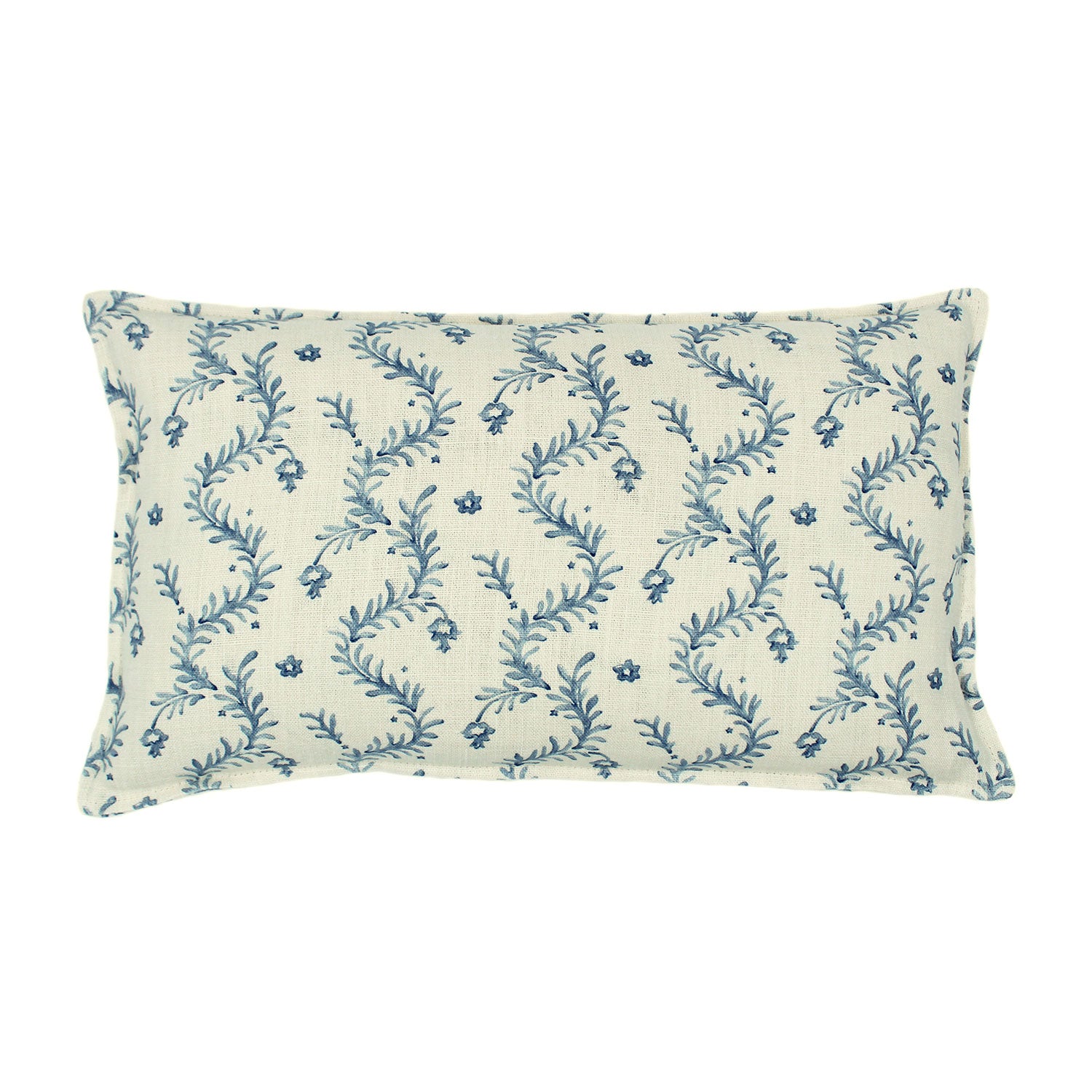 A blue and cream linen cushion with a marine-style pattern.