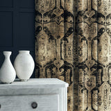 Curtains made from a printed velvet fabric in brown and black featuring a Turkish kilim pattern.