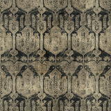 A printed velvet fabric sample in brown and black featuring a Turkish kilim pattern.