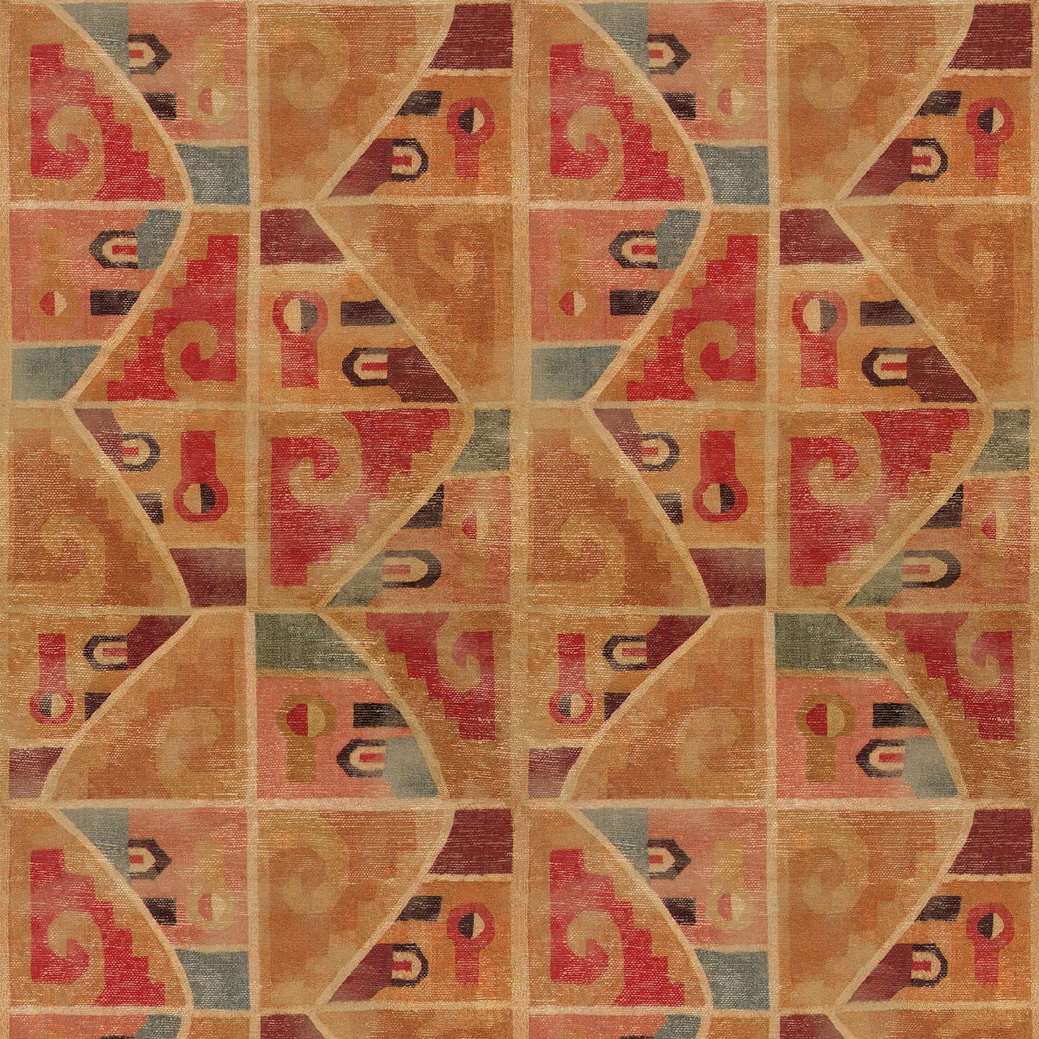 A multicoloured printed velvet fabric sample featuring an abstract geometric pattern.