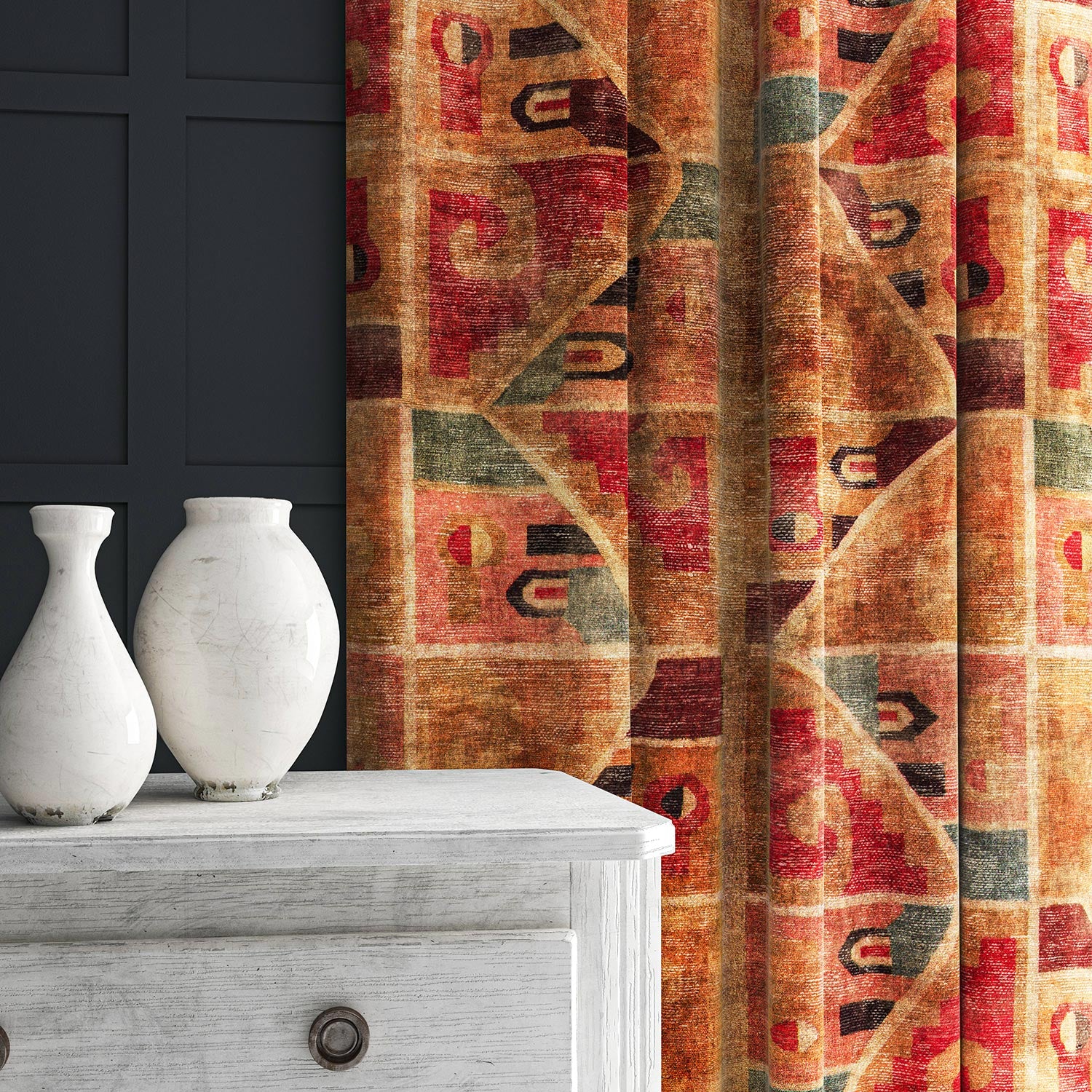 Curtains in a multicoloured printed velvet fabric featuring an abstract geometric pattern.