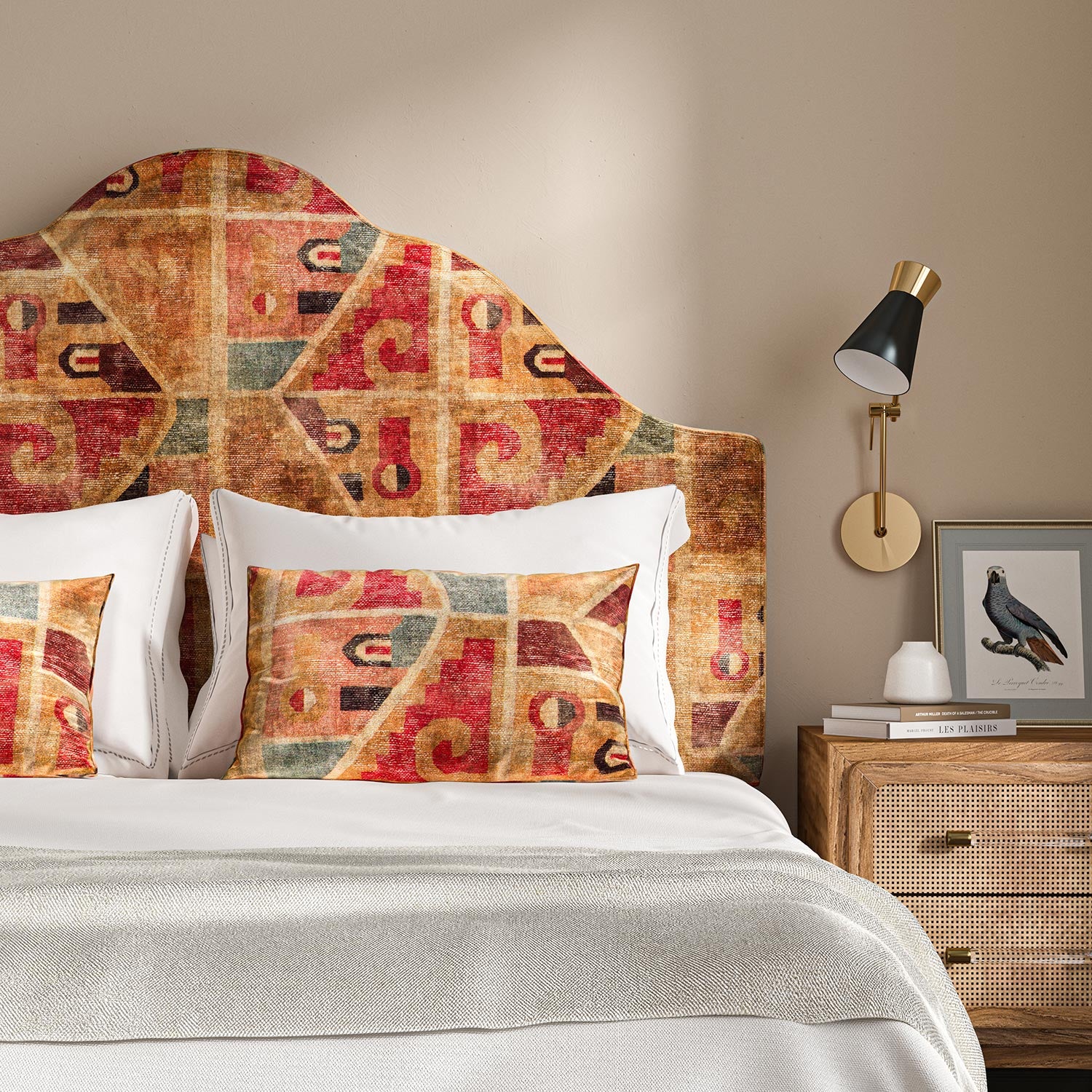 Headboard upholstered in a multicoloured printed velvet fabric featuring an abstract geometric pattern.