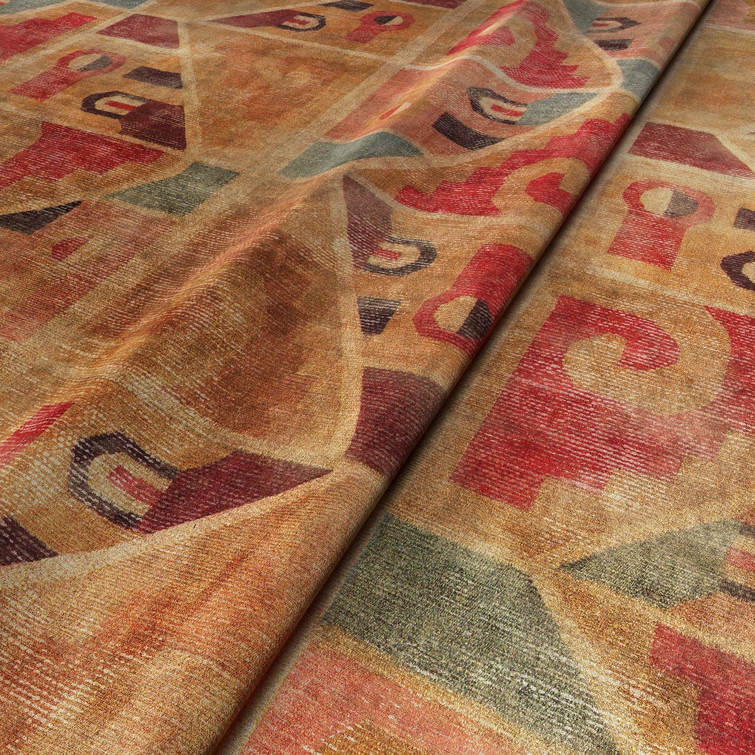 A multicoloured printed velvet fabric sample featuring an abstract geometric pattern.