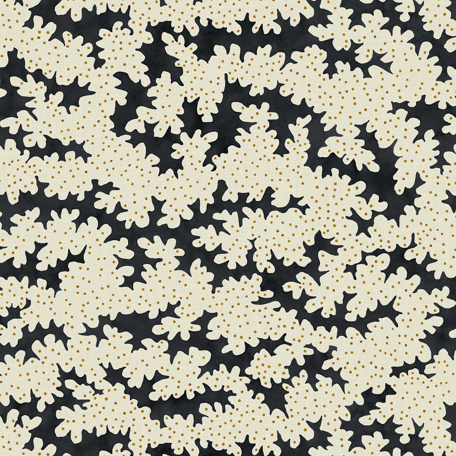 A printed linen fabric sample in black, brown and off white featuring a stylized coral pattern.