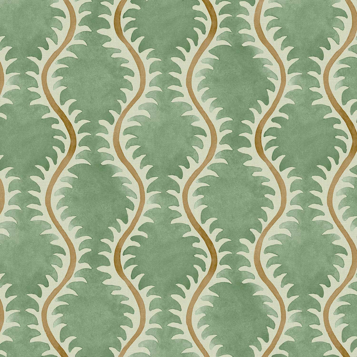 A printed linen fabric sample in green, brown and off white featuring a stylized fern pattern.