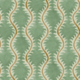 A printed linen fabric sample in green, brown and off white featuring a stylized fern pattern.