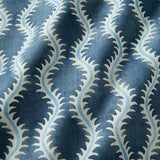 A printed linen fabric sample in blue and off white featuring a stylized fern pattern.
