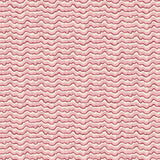 A printed linen fabric sample in pink, red and off white featuring a sound wave pattern