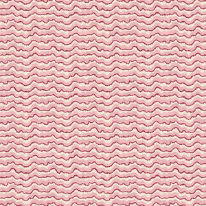 A printed linen fabric sample in pink, red and off white featuring a sound wave pattern