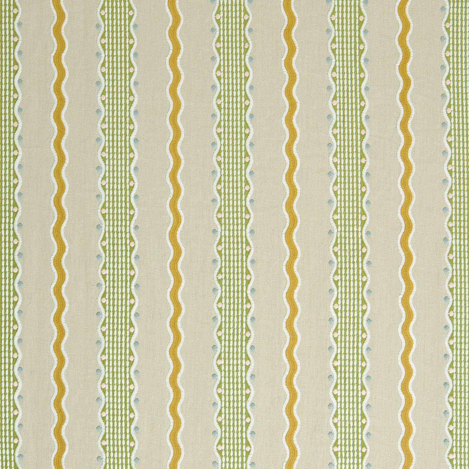 Patterned embroidered fabric with green and gold stripes on a beige background.