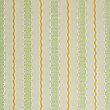 Patterned embroidered fabric with green and gold stripes on a beige background.