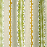 Patterned embroidered fabric with green and gold stripes on a beige background.