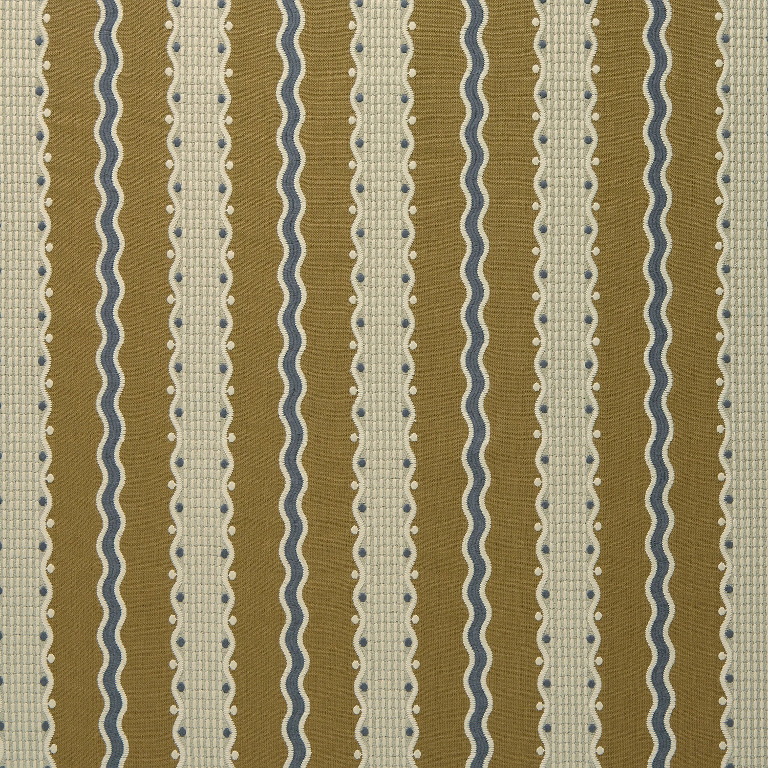 Embroidery fabric with wavy lines and small dots on a brown background.