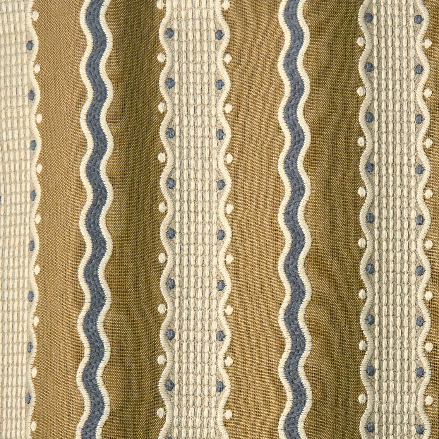 Embroidery fabric with wavy lines and small dots on a brown background.