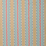 Embroidery fabric with vertical stripes in red, beige, and brown on a light blue background.