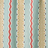 Embroidery fabric with vertical stripes in red, beige, and brown on a light blue background.
