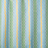 Embroidery fabric with green and yellow stripes on a blue background.