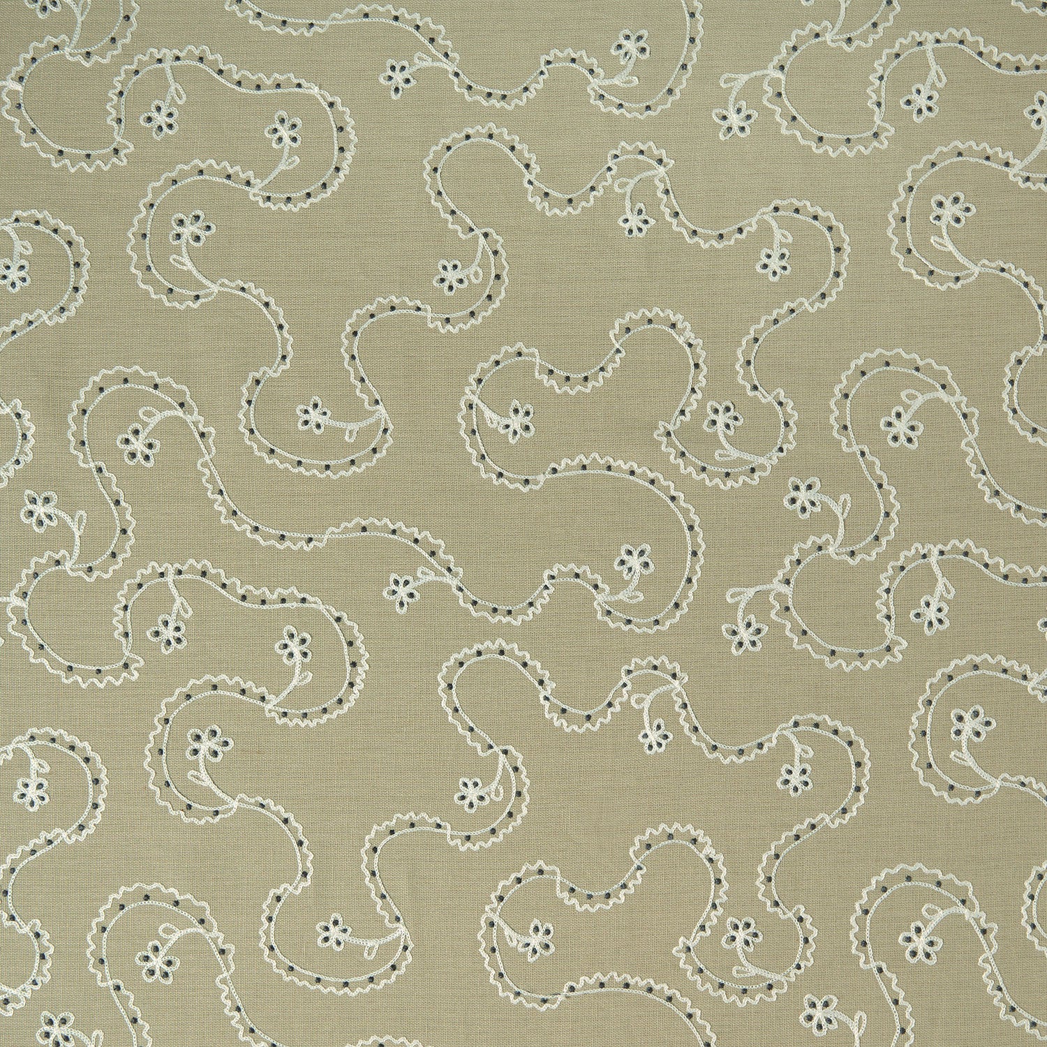 White embroidery pattern on a taupe background.