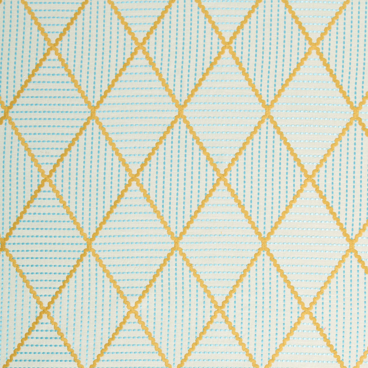 Geometric embroidery pattern with yellow and blue lines on a textured background.