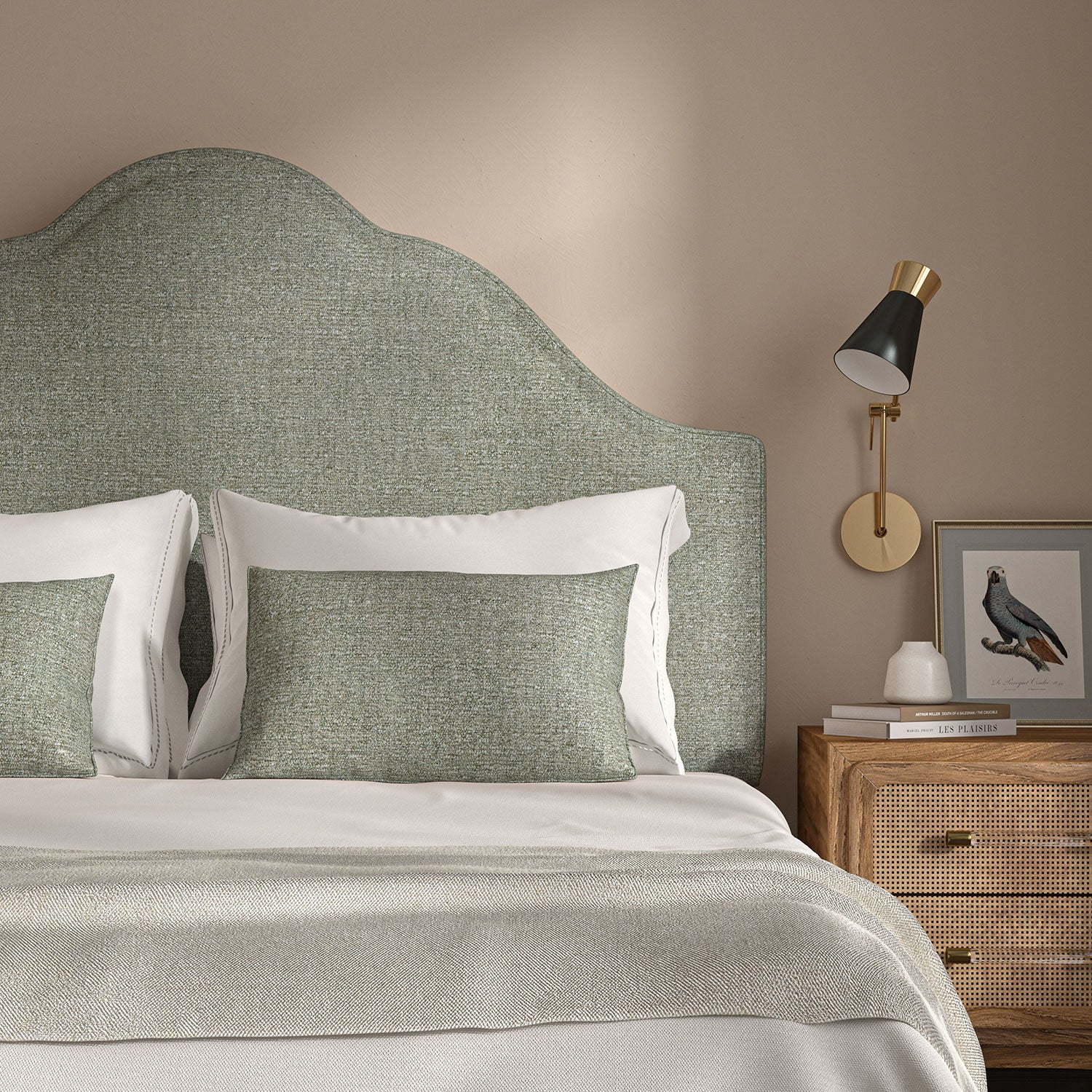 Woven grey coloured fabric on a headboard
