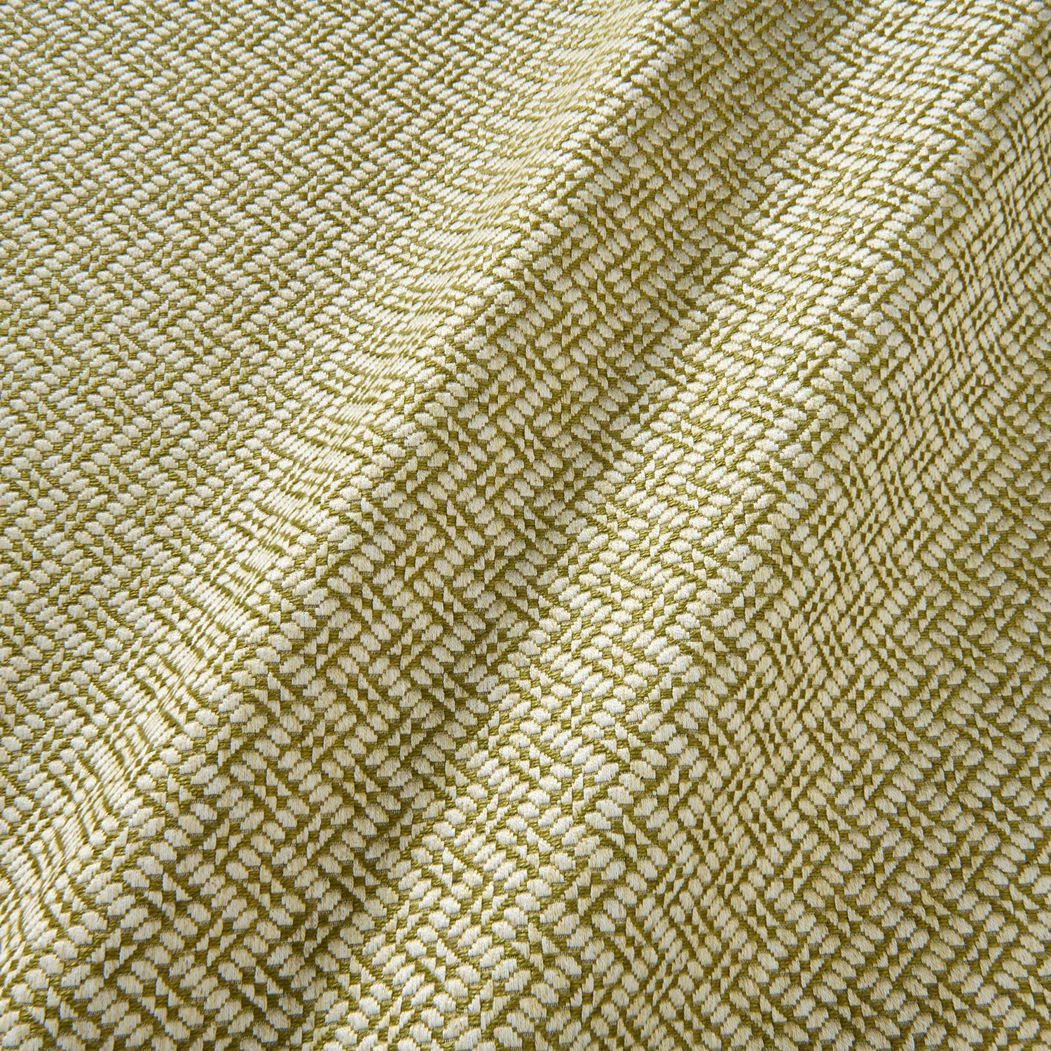 A woven fabric sample in yellow and off-white featuring a trellis pattern.