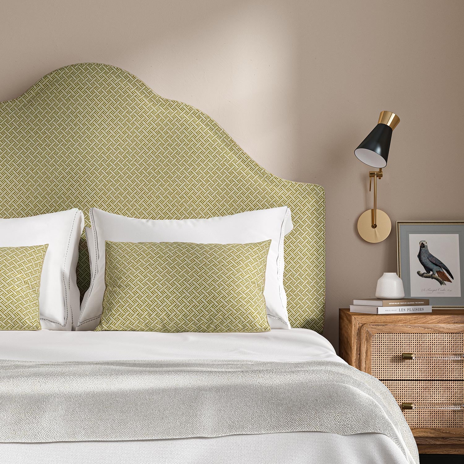 Headboard upholstered in a yellow and off-white woven fabric featuring a trellis pattern.