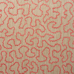 A woven fabric sample in pink and off-white featuring a wavy pattern.