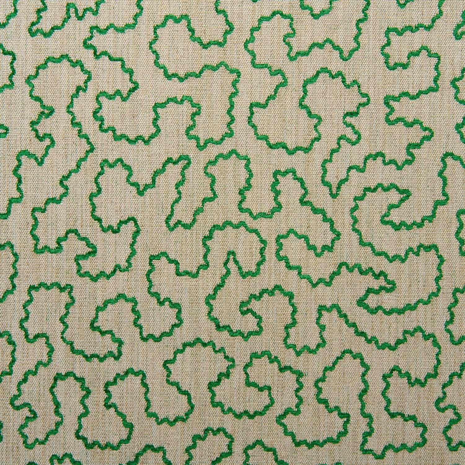 A woven fabric sample in green and off-white featuring a wavy pattern.