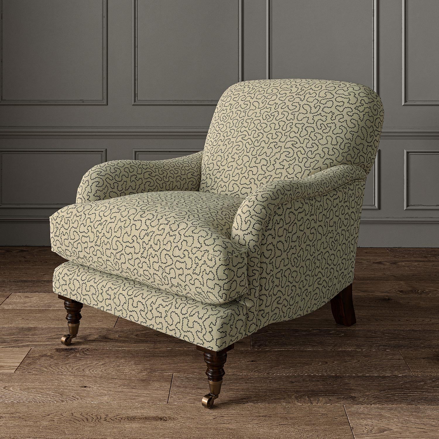 Chair upholstered in a blue and beige woven fabric featuring a wavy pattern.