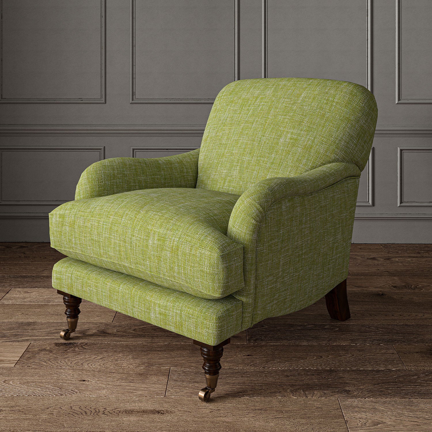 Green chair upholstered in a versatile woven fabric.