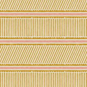 Sample of a playful gold and pink wallpaper with a combination of tonal stripes, zigzags, and matching colour bands.