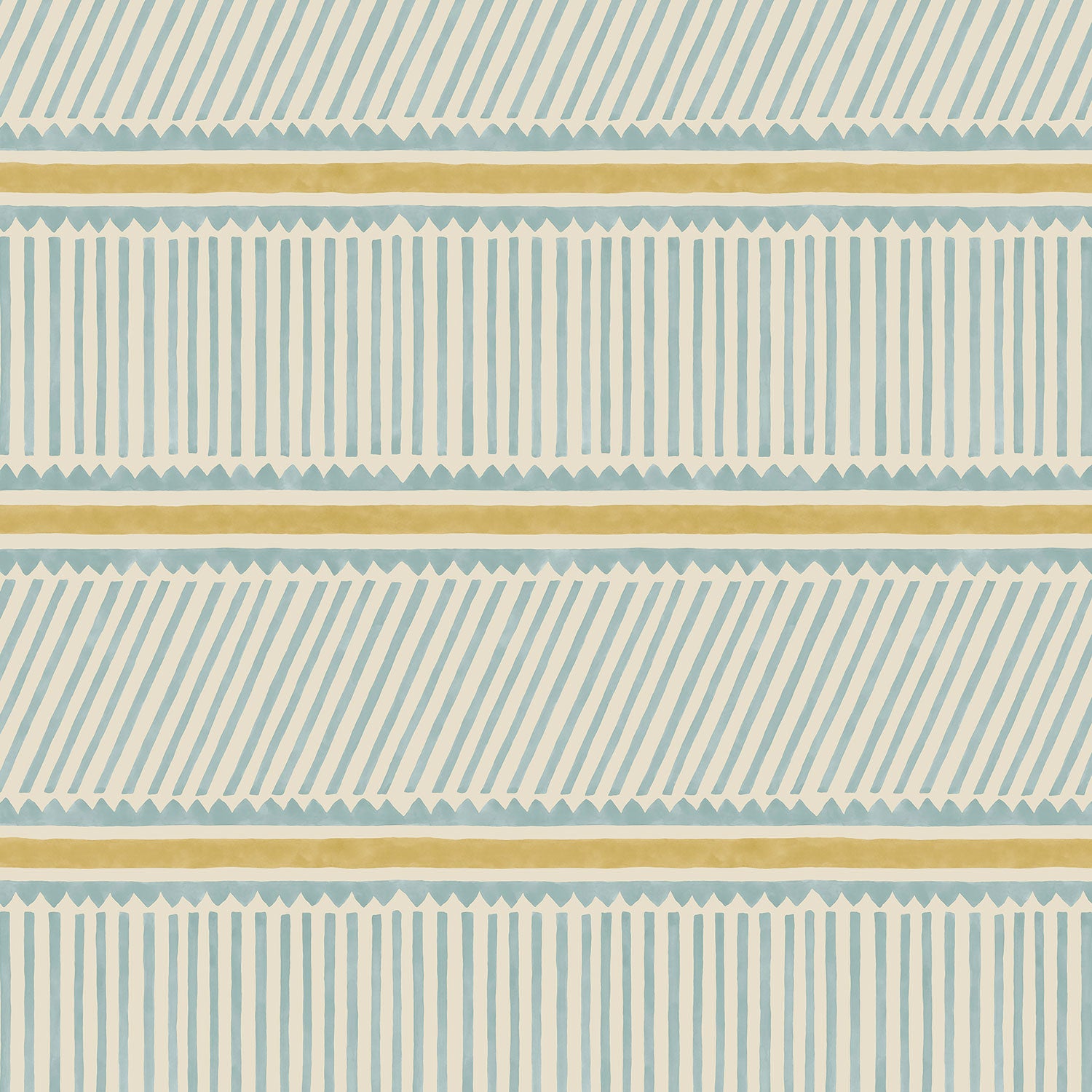 Sample of a blue and yellow wallpaper with a combination of tonal stripes, zigzags, and matching colour bands.