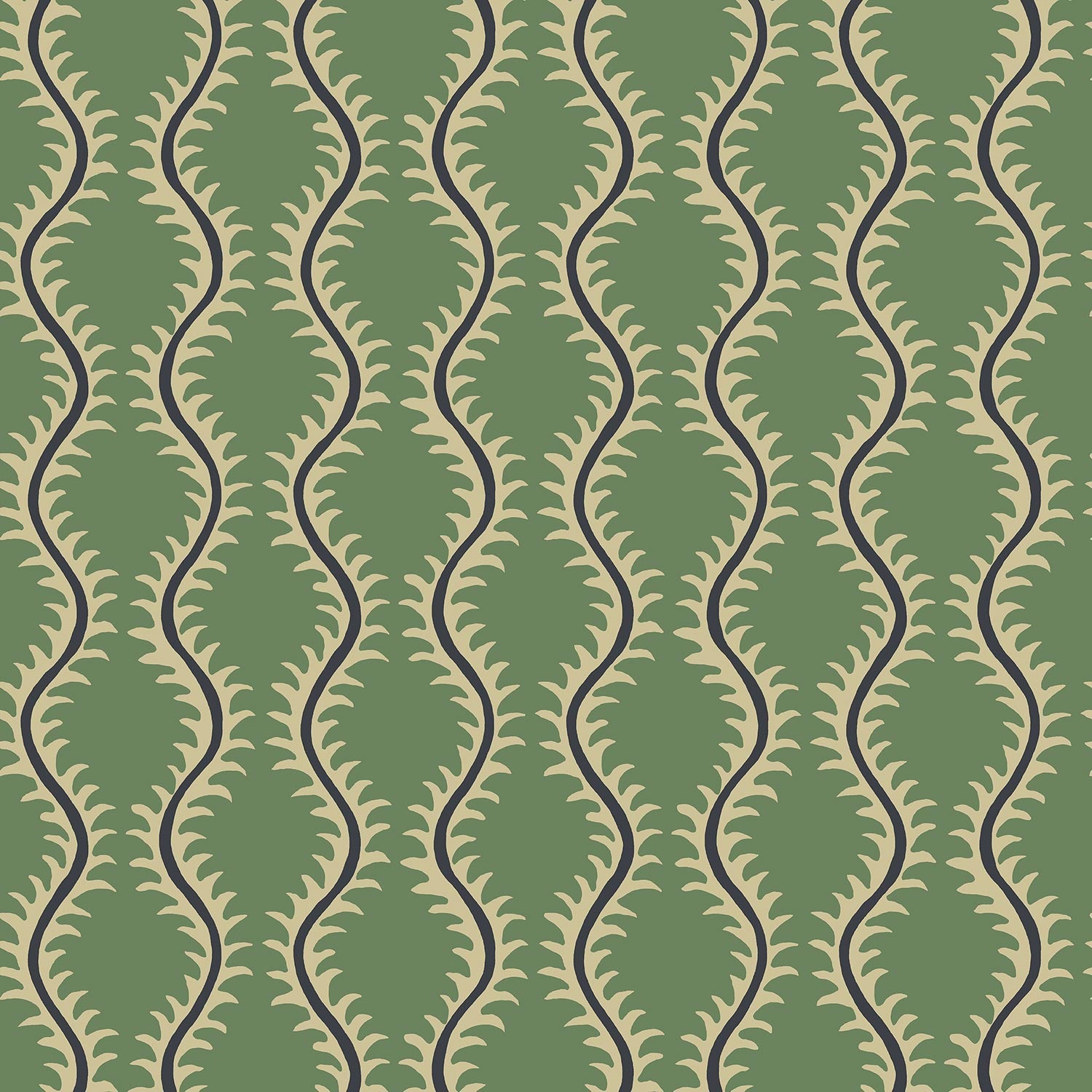 Luxurious wallpaper featuring stylised ferns and wavy lines in green and blue.
