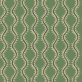 Luxurious wallpaper featuring stylised ferns and wavy lines in green and blue.