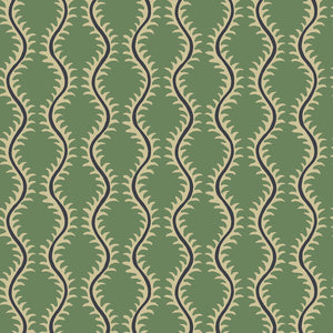 Luxurious wallpaper featuring stylised ferns and wavy lines in green and blue.
