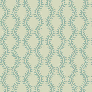 Luxurious wallpaper featuring stylised ferns and wavy lines in blue and cream.