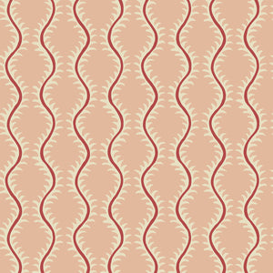 Luxurious wallpaper featuring stylised ferns and wavy lines in pink and red.