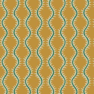 Luxurious wallpaper featuring stylised ferns and wavy lines in yellow and green.